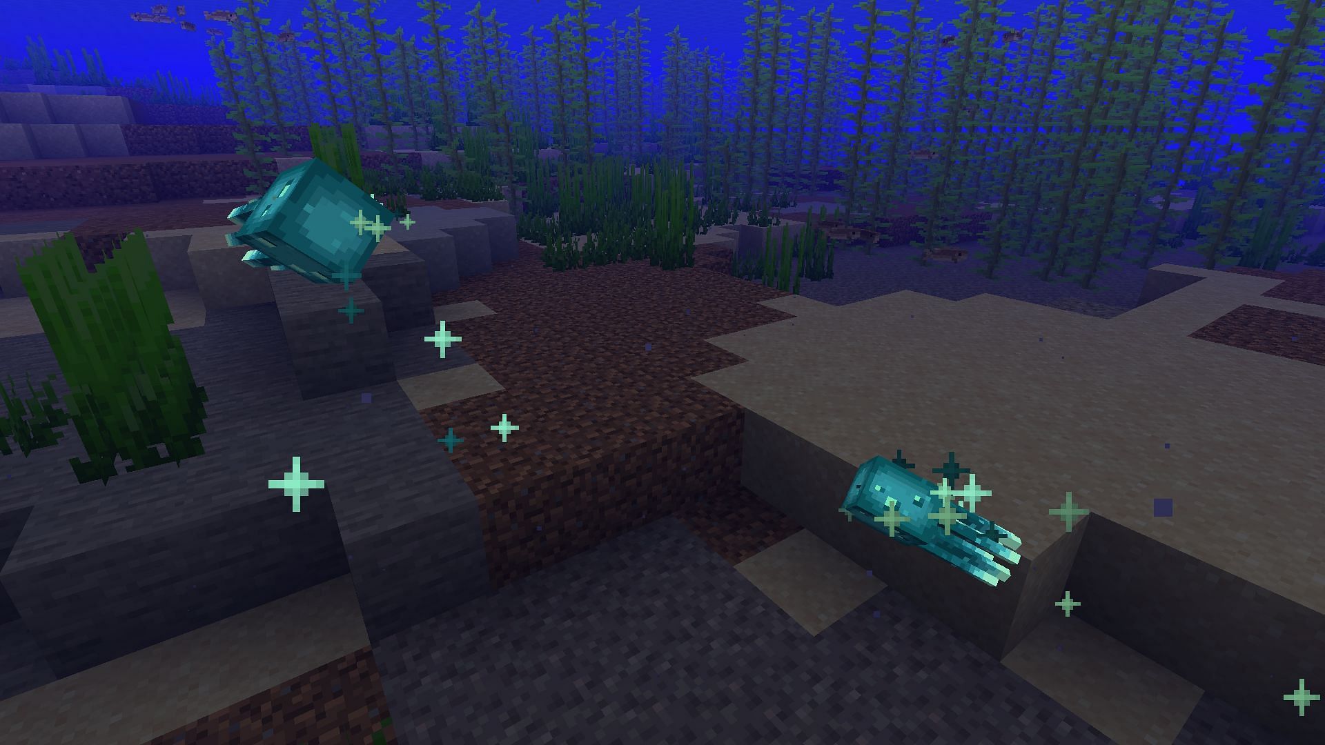 A baby glow squid near an adult glow squid (Image via Mojang)